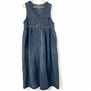 Vintage True Blue 80s Blue Denim Sleeveless Maxi Dress Button Up Women Large